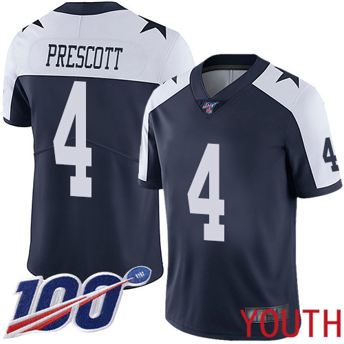 Youth Dallas Cowboys Limited Navy Blue Dak Prescott Alternate #4 100th Season Vapor Untouchable Throwback NFL Jersey